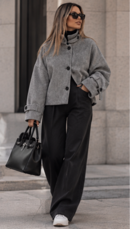 Grey Oversized Cropped Herringbone Cashmere Coat-Jacket