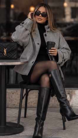 Grey Oversized Cropped Herringbone Cashmere Coat-Jacket - Image 4