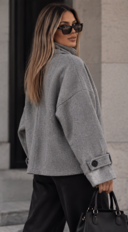 Grey Oversized Cropped Herringbone Cashmere Coat-Jacket