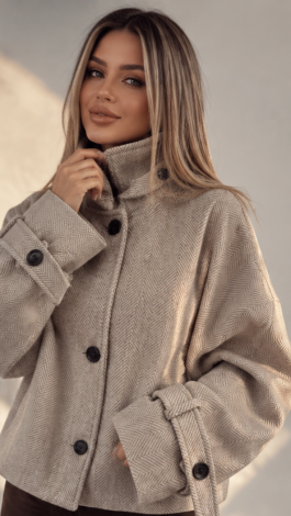 Beige oversized cropped coat-jacket in herringbone cashmere 