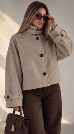 Beige oversized cropped coat-jacket in herringbone cashmere  - Image 4