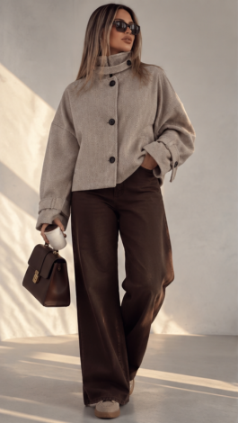 Beige oversized cropped coat-jacket in herringbone cashmere 