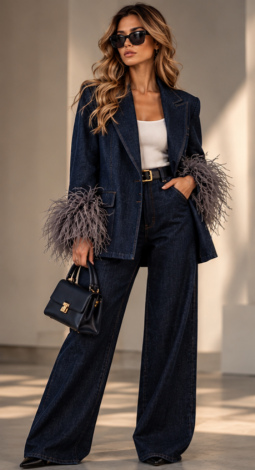 Two-piece denim set featuring wide-leg jeans and a jacket with detachable ostrich feathers