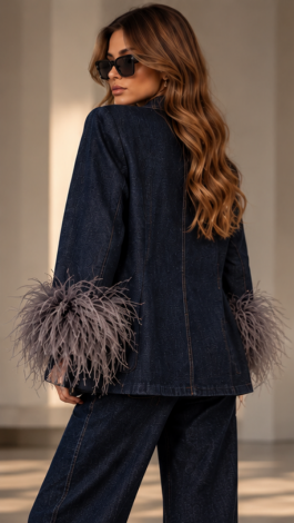 Two-piece denim set featuring wide-leg jeans and a jacket with detachable ostrich feathers
