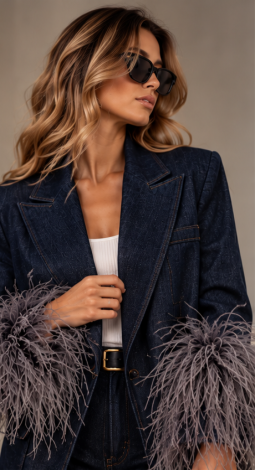 Two-piece denim set featuring wide-leg jeans and a jacket with detachable ostrich feathers