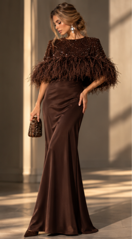 Dark Chocolate 2-in-1 evening set: silk maxi dress and a cape featuring crystals and ostrich feathers 