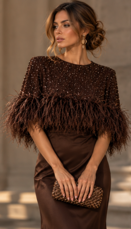 Dark Chocolate 2-in-1 evening set: silk maxi dress and a cape featuring crystals and ostrich feathers 