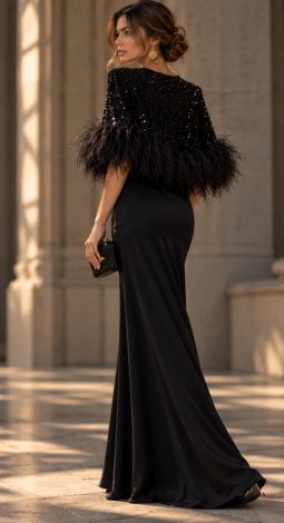 Black 2-in-1 evening set: silk maxi slip dress and a cape adorned with crystals and ostrich feathers