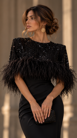 Black 2-in-1 evening set: silk maxi slip dress and a cape adorned with crystals and ostrich feathers