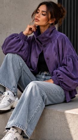 Purple bomber jacket in velvety faux suede featuring a stand-up collar and voluminous sleeves 