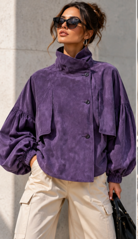 Purple bomber jacket in velvety faux suede featuring a stand-up collar and voluminous sleeves 