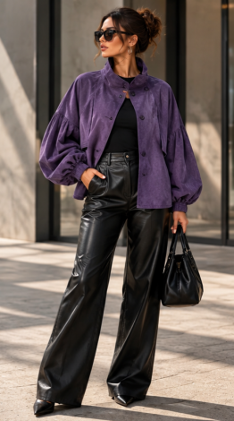 Purple bomber jacket in velvety faux suede featuring a stand-up collar and voluminous sleeves 
