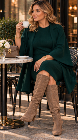 Emerald two-piece set in substantial jersey: a mini dress and a loose-fitting cardigan-style cap - Image 6