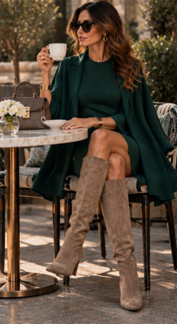 Emerald two-piece set in substantial jersey: a mini dress and a loose-fitting cardigan-style cap