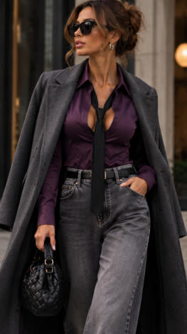 Fitted silk blouse in a deep eggplant shade