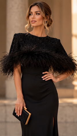 Black 2-in-1 evening set in stretch fabric: a maxi dress with a slit and a cape featuring crystals and ostrich feathers