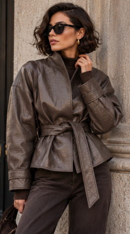 Chocolate-colored faux leather jacket with a crocodile-skin texture and belt 