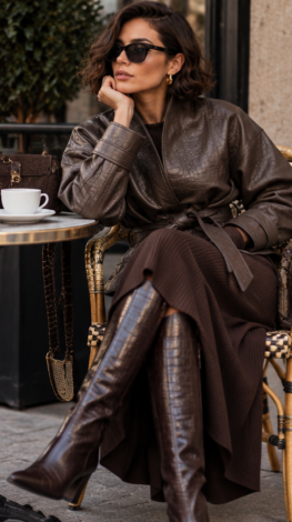 Chocolate-colored faux leather jacket with a crocodile-skin texture and belt 