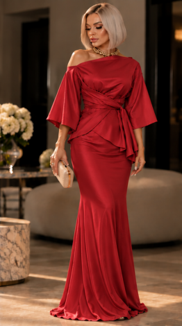 A red two-piece evening set in shimmering stretch fabric: a draped wrap blouse and a maxi skirt 
