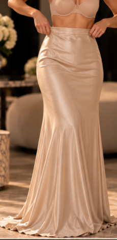 A milky gold evening two-piece set made from shimmering stretch fabric: a draped wrap blouse and a maxi skirt