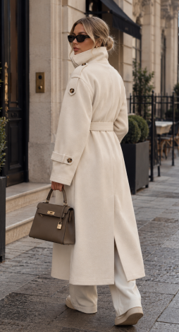 Double-breasted maxi trench coat in a cashmere blend with a high stand-up collar (Cream White)