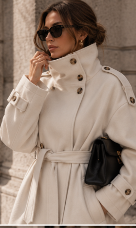 Double-breasted maxi trench coat in a cashmere blend with a high stand-up collar (Cream White)