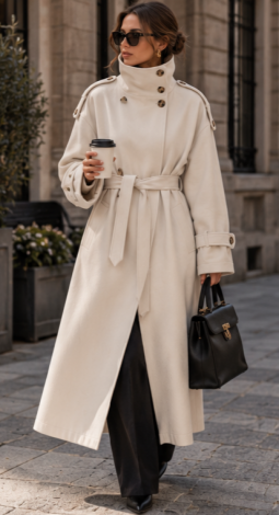 Double-breasted maxi trench coat in a cashmere blend with a high stand-up collar (Cream White)