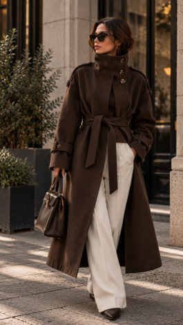 Double-Breasted Maxi Trench Coat in Dark Espresso Cashmere Blend with High Stand-Up Collar