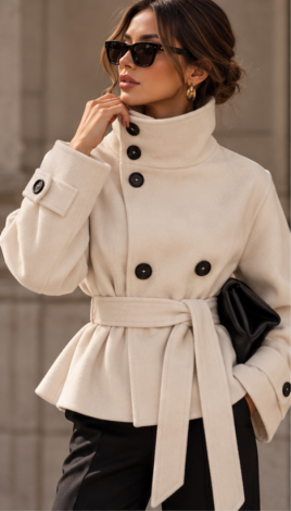 LEMANTA Cropped Cashmere Trench-Jacket with High Stand-Up Collar in Cream White