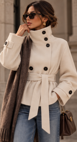 LEMANTA Cropped Cashmere Trench-Jacket with High Stand-Up Collar in Cream White - Image 4