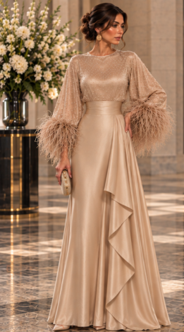Nude Gold evening maxi dress in sparkling fabric with ostrich feathers and a ruffle