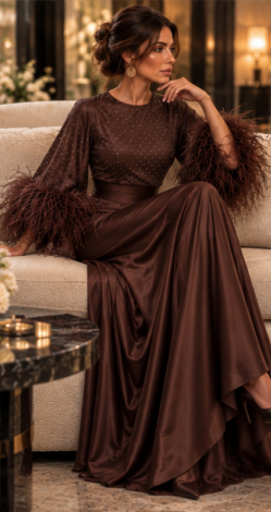 Dark Espresso evening maxi dress: crystal-embellished bodice, royal silk skirt with a ruffle, and ostrich feathers