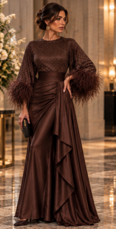 Dark Espresso evening maxi dress: crystal-embellished bodice, royal silk skirt with a ruffle, and ostrich feathers