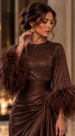 Dark Espresso evening maxi dress: crystal-embellished bodice, royal silk skirt with a ruffle, and ostrich feathers
