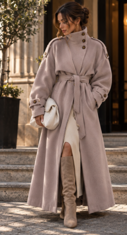 LEMANTA Double-Breasted Cashmere Maxi Trench Coat with High Stand-Up Collar in Soft Taupe / Cashmere Nude
