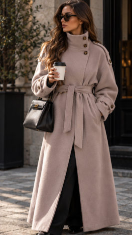 LEMANTA Double-Breasted Cashmere Maxi Trench Coat with High Stand-Up Collar in Soft Taupe / Cashmere Nude
