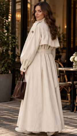 LEMANTA Cream White Maxi Trench Coat in premium milky-white rainwear fabric, featuring a cape overlay and stand-up collar