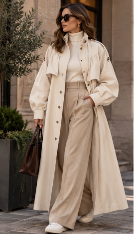 LEMANTA Cream White Maxi Trench Coat in premium milky-white rainwear fabric, featuring a cape overlay and stand-up collar