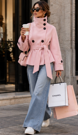 Cropped trench-style jacket in premium Powder Pink water-resistant fabric with a high stand-up collar 