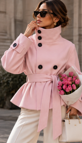 Cropped trench-style jacket in premium Powder Pink water-resistant fabric with a high stand-up collar 