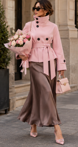 Cropped trench-style jacket in premium Powder Pink water-resistant fabric with a high stand-up collar 