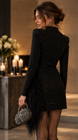 Black evening mini dress in sparkling knit fabric with crystals and ostrich feathers
