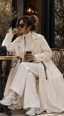 Lightweight Cream White maxi trench coat with a drawstring wais