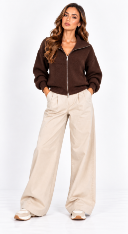 Women's knitted zip-up oversized cardigan brown