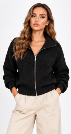 Women's knitted zip-up oversized cardigan black