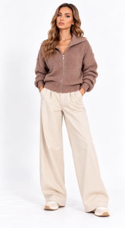 Women's knitted zip-up oversized cardigan beige