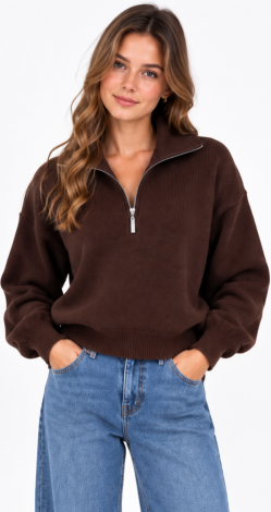 Women's knitted short-zip oversized cardigan brown