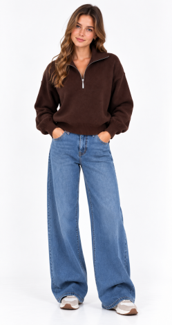 Women's knitted short-zip oversized cardigan brown
