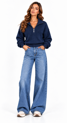 Women's knitted short-zip oversized cardigan blue