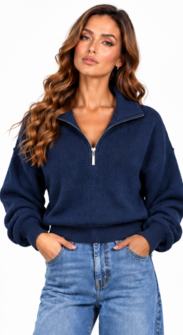 Women's knitted short-zip oversized cardigan blue
